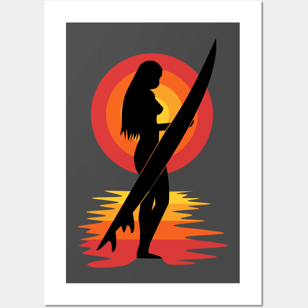 Surfer girl silhouette sunset Wall Art by All About Nerds